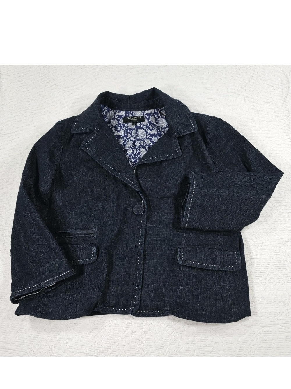 Talbots Dark Denim Floral Lined ¾ Sleeve One Button Jacket Blazer Cotton Sz 14P